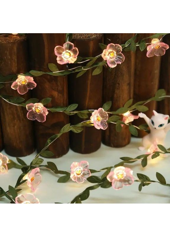 Светодиодная гирлянда на батарейках 3 м на 30 лампочек с искусственными листьями "Цвет Сакуры" No Brand (370290213)