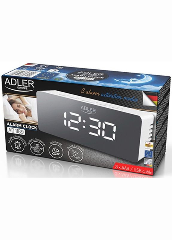 Настільний годинник-будильник AD 1189 white 5.5х8.2х14.8 см білий Adler (338182535)