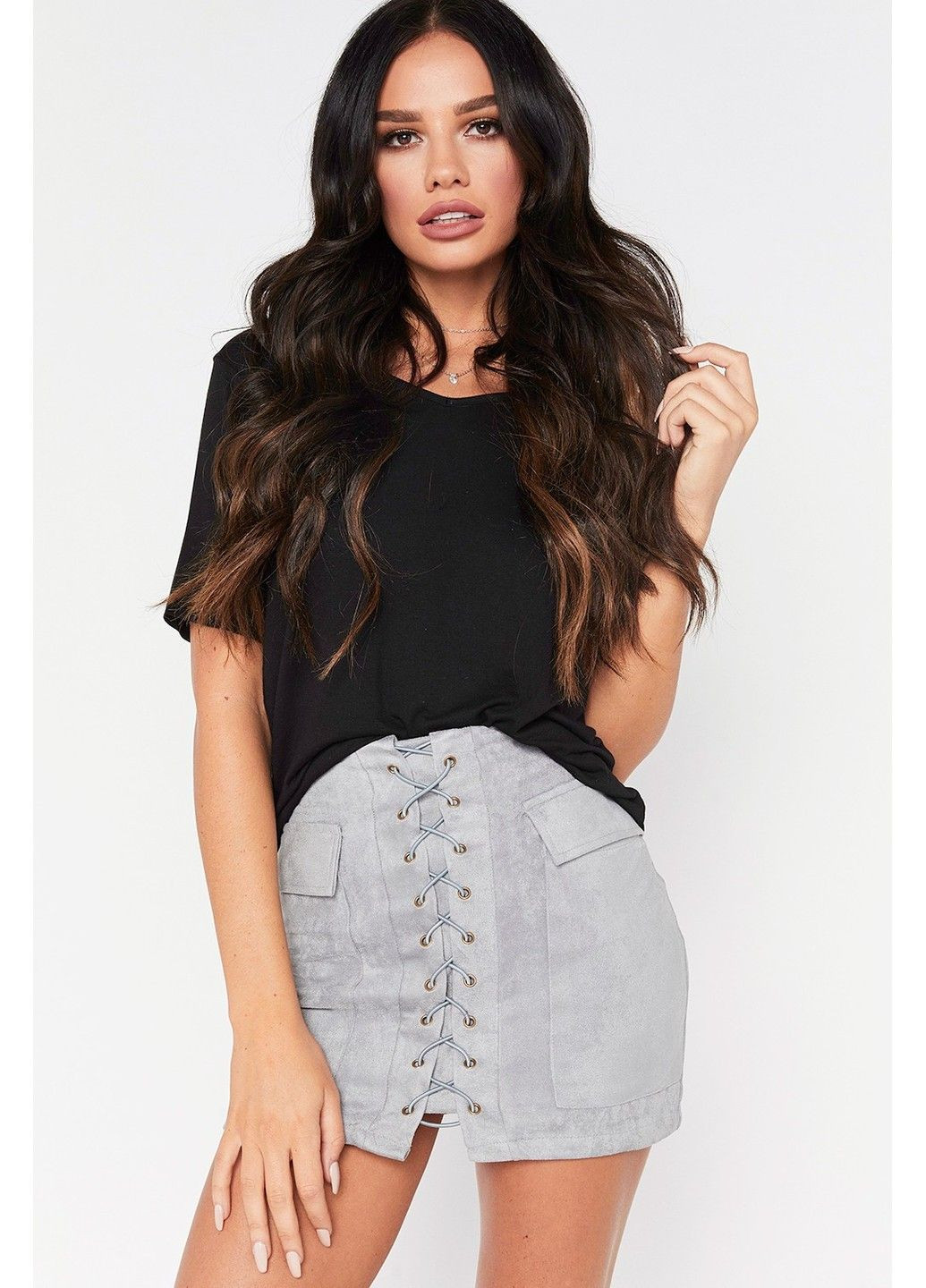 Спідниця жіноча замшева з кишенями на шнурівці сіра No Brand (303836654)