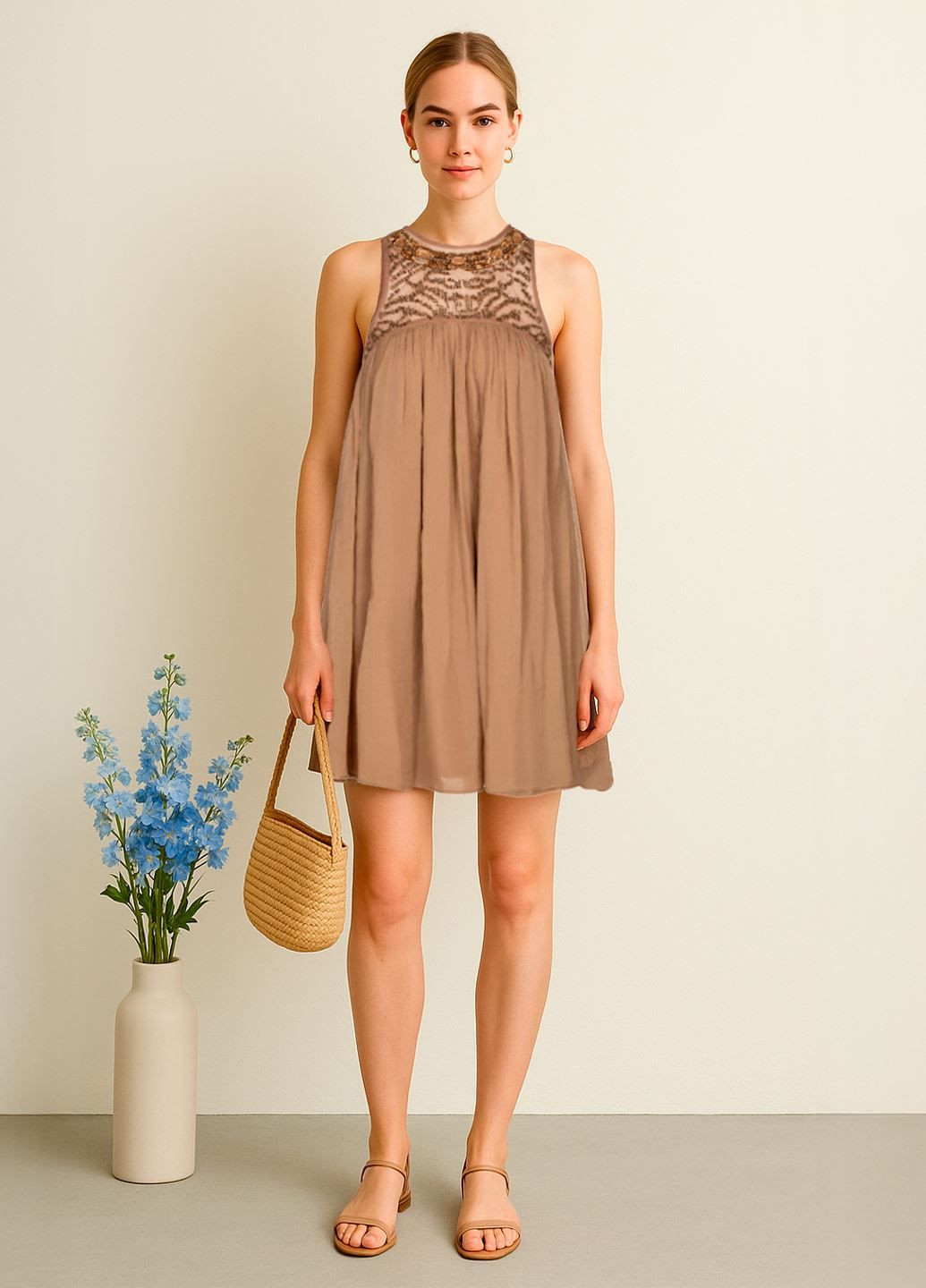 Коричневое праздничный, повседневный, кэжуал, коктейльное легкое шифоновое платье мини а-силуэт, клеш, бэби долл, с юбкой-солнце, с пышной юбкой, плиссированное Moulinette Soeurs однотонное