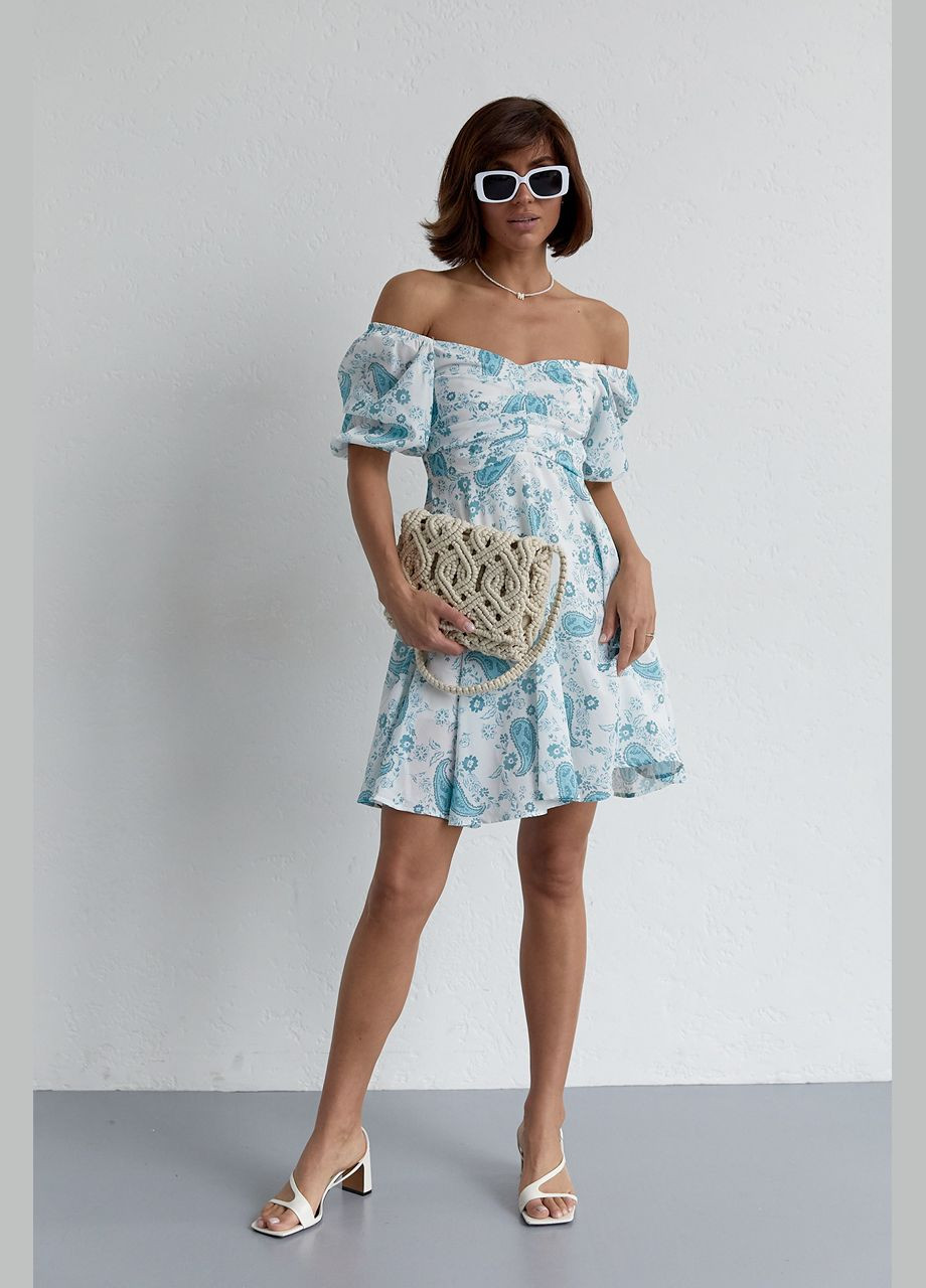 Бірюзова повсякденний літня сукня міні з драпіруванням спереду 23128 Lurex з квітковим принтом