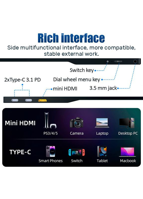 Монитор портативный 133UC / 13.3'' / IPS / 3840x2160 4K / Type-C / HDMI / jack 3.5 мм / второй экран No Brand (327422797)