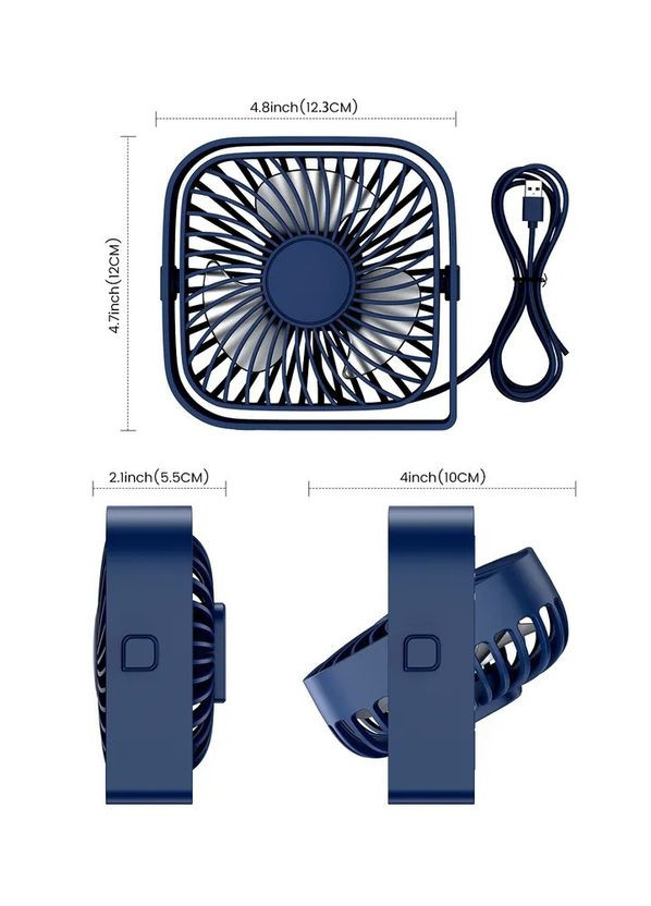 Портативный USB вентилятор синий с вращением на 360 градусов 3 режима скорости TOPK (367926095)