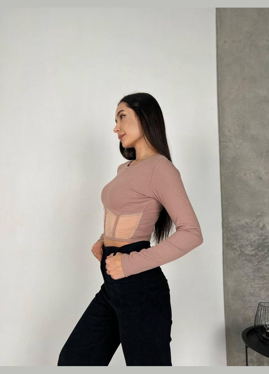 Лонгслів жіночій - кофточка у рубчик з імітацією корсета із сітки JUGO (301580418)