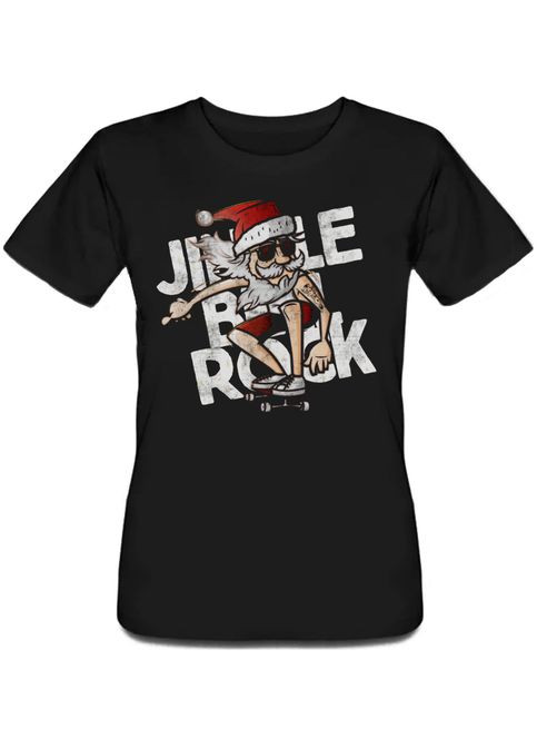 Черная летняя женская новогодняя футболка jingle bell rock (чёрная) Fat Cat