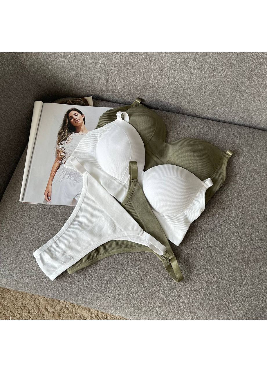 Оливковый (хаки) демисезонный женский набор белья бюстгальтер и трусы стринги для женщин однотонный в рубчике с формованными чашками вс без косточек. No Brand Білизна жіноча