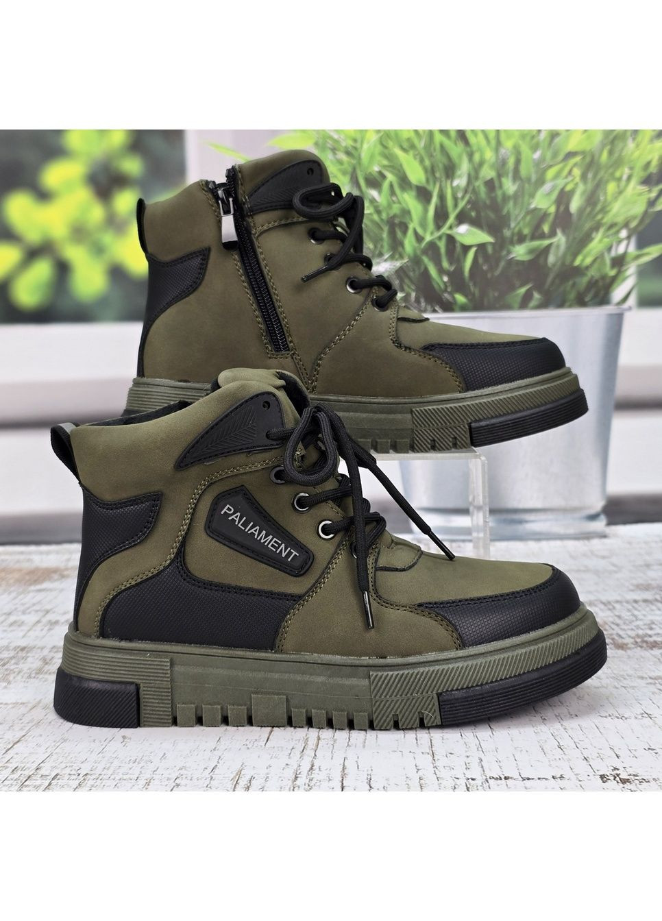 Хаки повседневные зимние ботинки зимние подростковые для мальчика хаки с черным Paliament