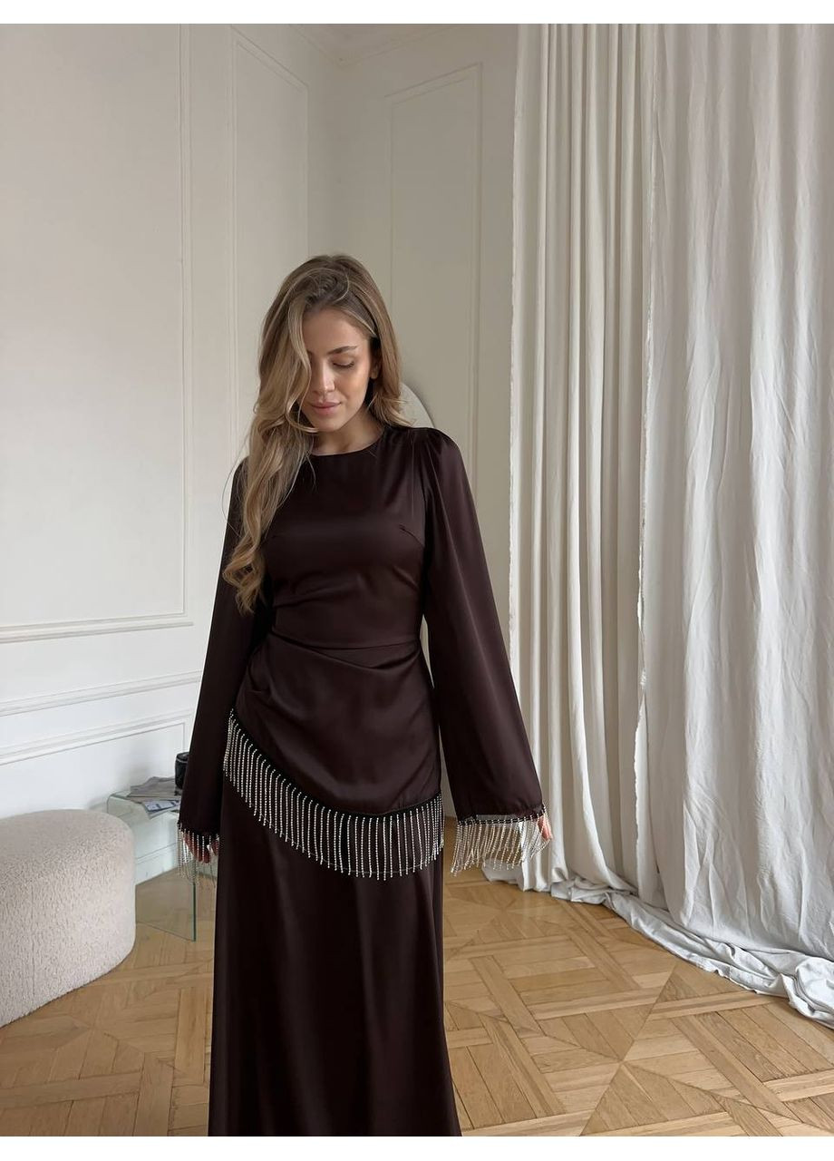 Коричневое праздничный элегантное платье из шелка армани с камнями — замеры в описании силуэтная DK/DL Мода без кордонів однотонное