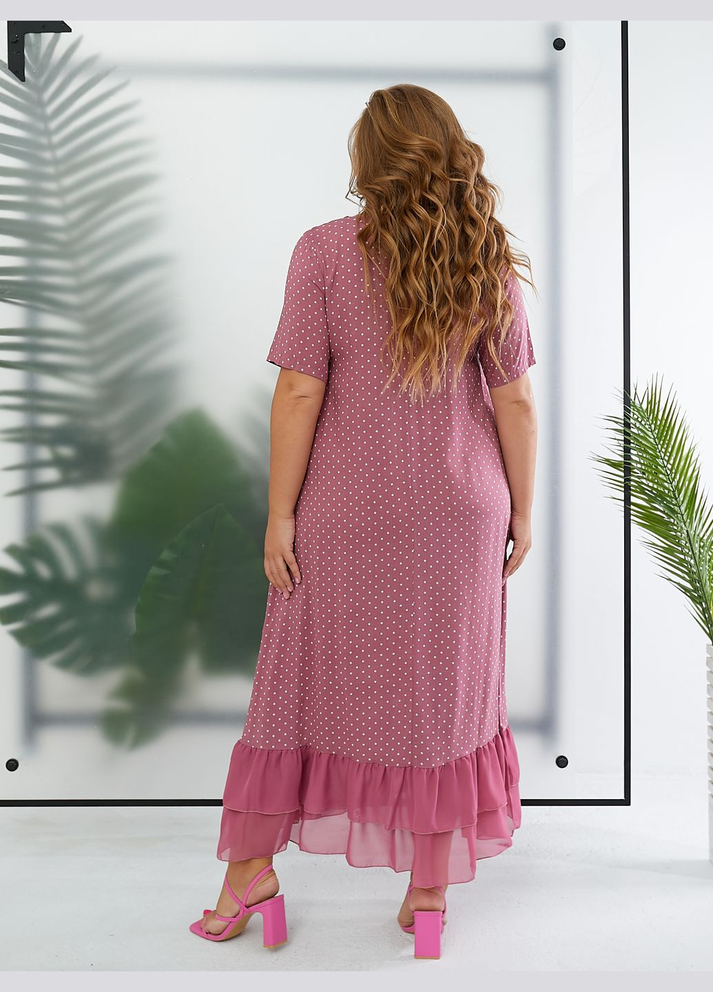 Розово-лиловое повседневный платье макси с воланом а-силуэт No Brand в горошек