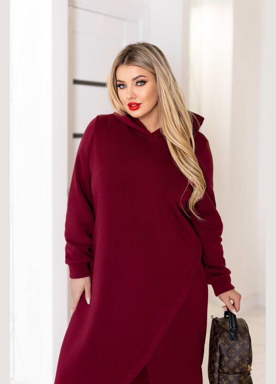 Бордовое теплое трикотажное платье миди с капюшоном Fashion Girl