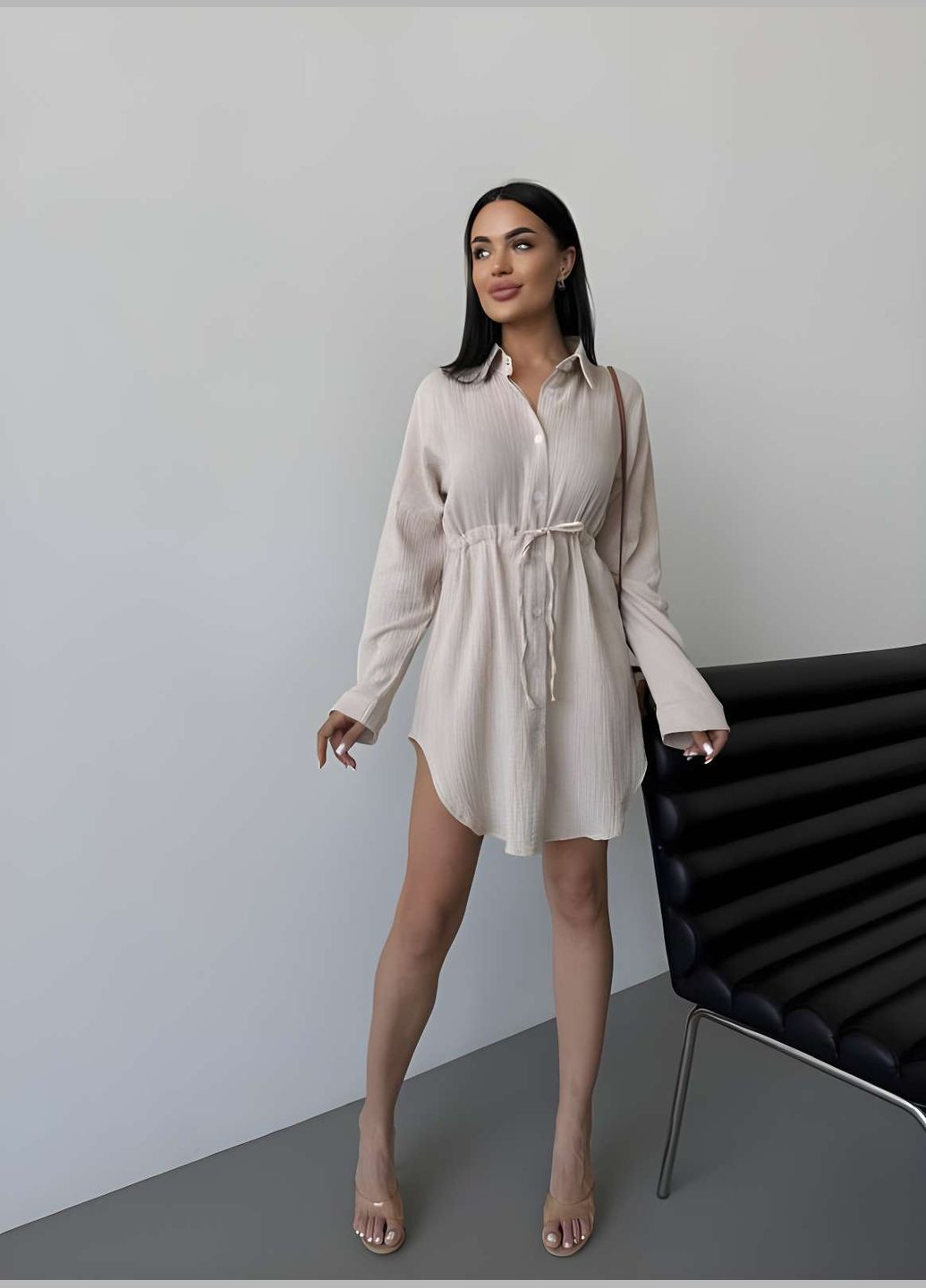 Бежева пляжна, повсякденний, кежуал жіноча літня сукня-сорочка на гудзиках муслінова бежева Україна