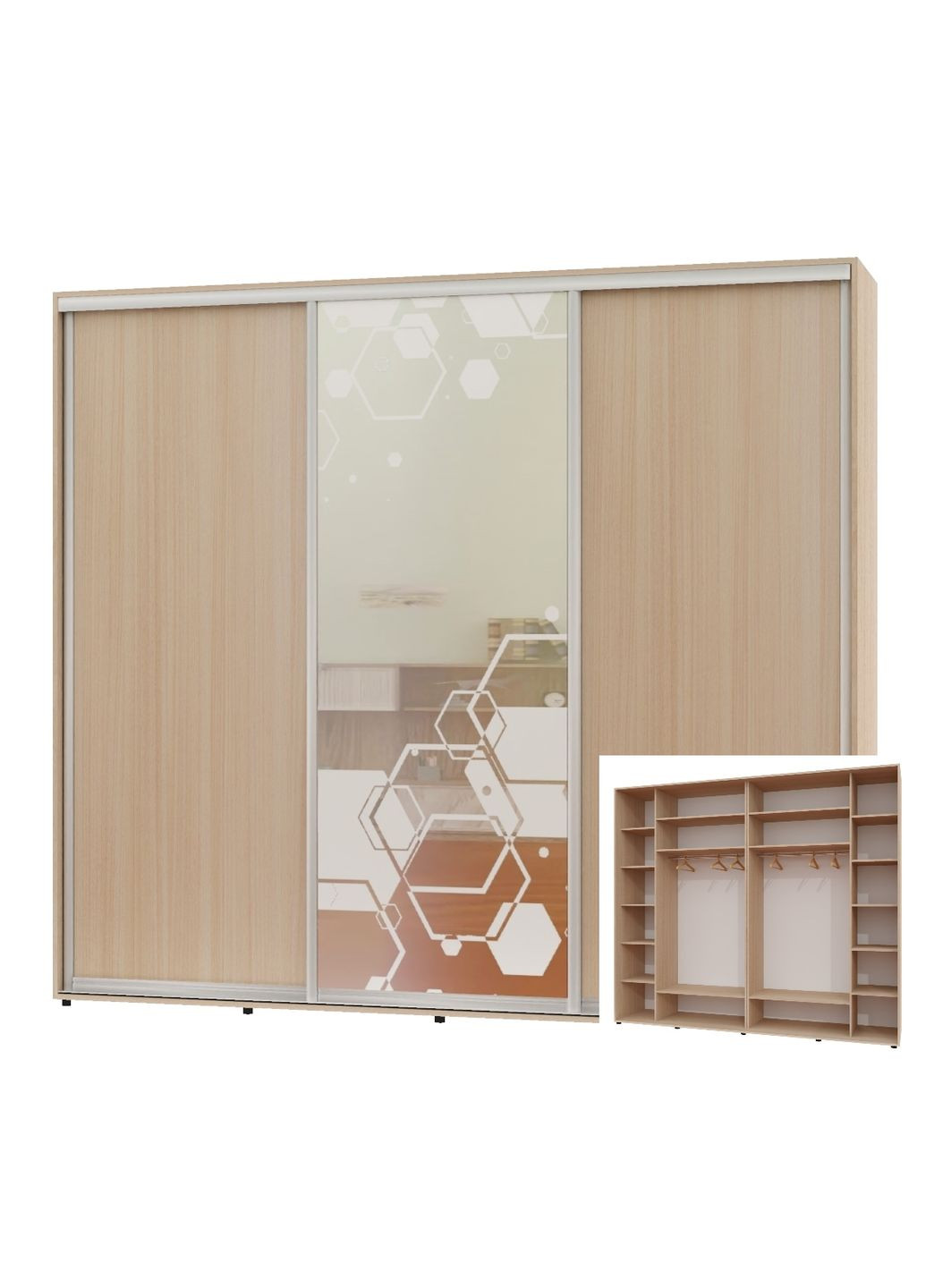 Шафа-купе тридверна 300*60*240 Дуб молочний 2 ДСП/Дзеркало з піскострумним малюнком Люкс-149 Алекса (360439161)