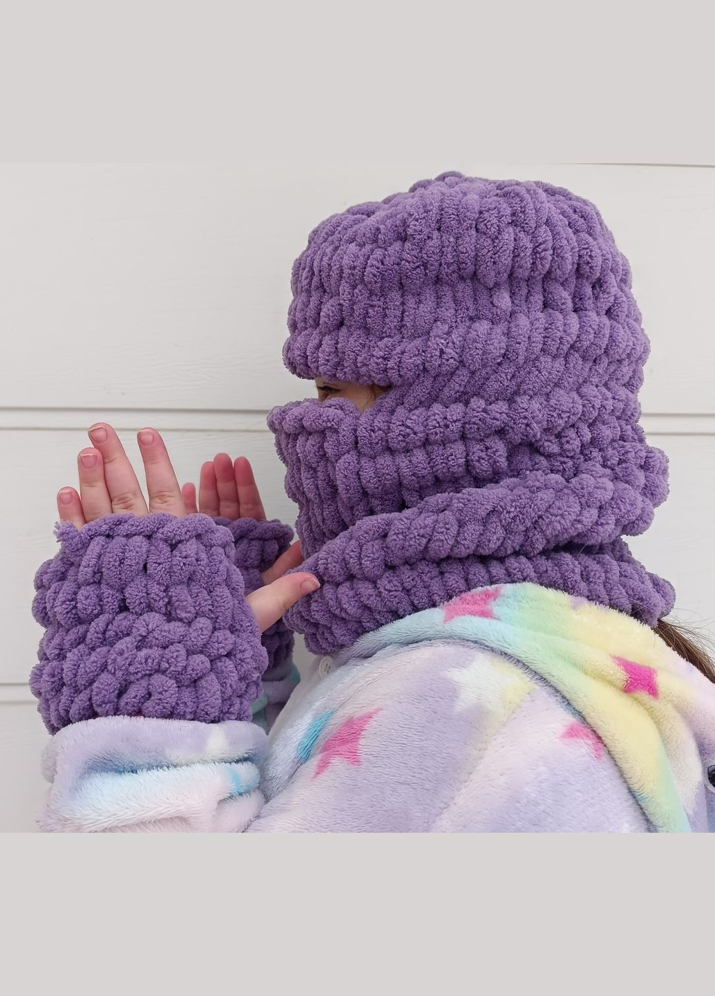 Детская вязаная шапка-балаклава + митенки 2 Льва (354331517)