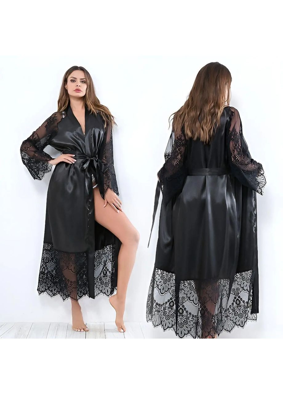 Стильний халат Noir, Атласний довгий халат з нежним широким мереживом з довгими мереживними рукавами та поясом No Brand халат Noir чорний (354331177)