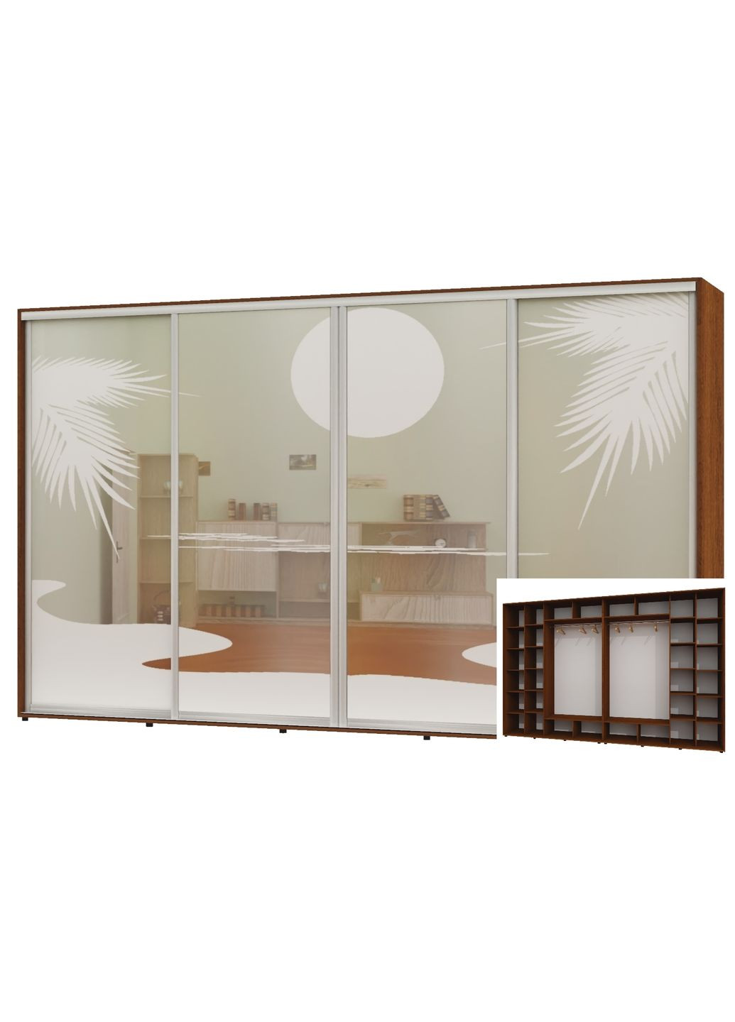 Шафа-купе чотиридверна 390*60*250 Горіх лісовий Дзеркало з піскострумним малюнком Алекса (360439681)