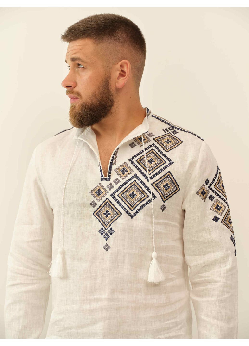 Біла біла лляна чоловіча вишиванка з орнаментом на спині ярема синя MOTYV візерунок орнамент льон (361893846)