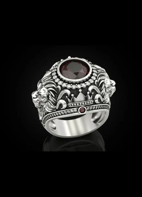 Мужское кольцо с изображением головы льва и крупным красным камнем, серебристое, 21 размер Liresmina Jewelry (340111556)