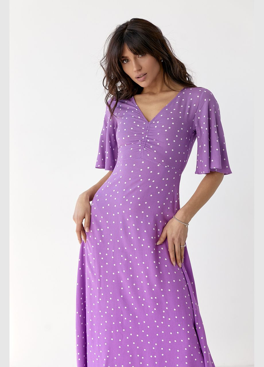 Фиолетовое повседневный платье-миди с короткими расклешенными рукавами 6365 Lurex в горошек