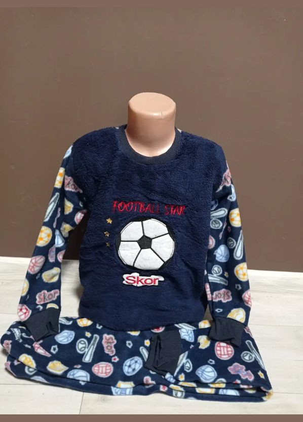 Темно-синя зимня дитяча піжама для хлопчика підлітка тепла клітка фліс лонгслів + брюки No Brand Піжама