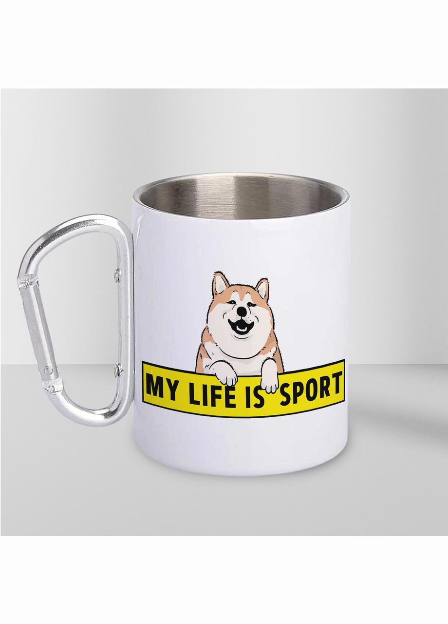 Чашка металева з принтом "My Life is Sport" 300 мл з карабіном, біла No Brand (324262856)