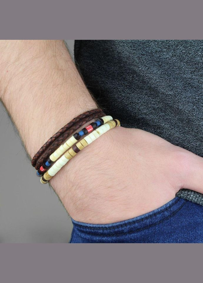 Набір чоловічих браслетів зі шкіри, кістяних та дерев'яних намистин LB221 Local League (338416546)