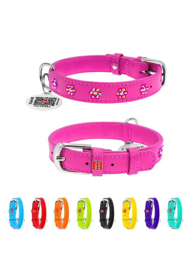 Нашийник для собак шкіряний Glamour з QR паспортом, з клейовими стразами "Квіти", Ш 20 мм, Дов 30-39 см WAUDOG (322002552)