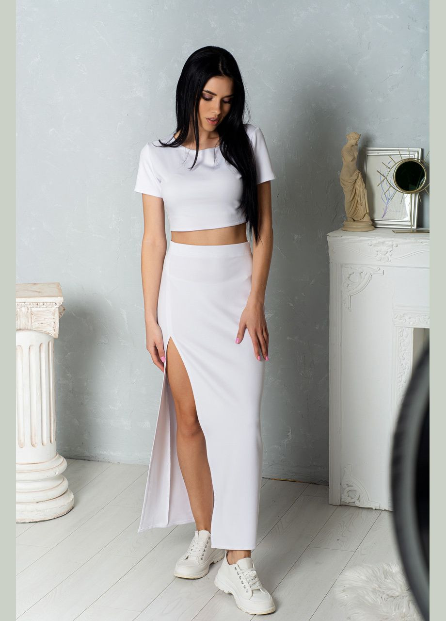 Белая офисная женская трикотажная юбка макси с разрезом на правой ноге, однотонная. No Brand