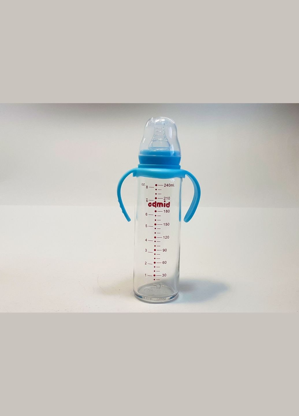 Бутылочка для кормления стеклянная, с ручкой и соской, жаростойкая, 240мл,, голубая Bimbo (316319028)