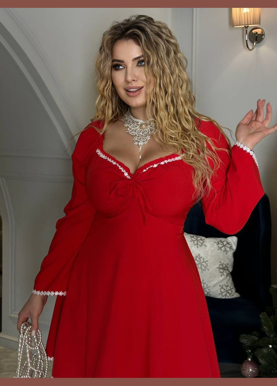 Красное праздничный, повседневный, кэжуал, вечернее платье мини с кружевом а-силуэт Україна однотонное