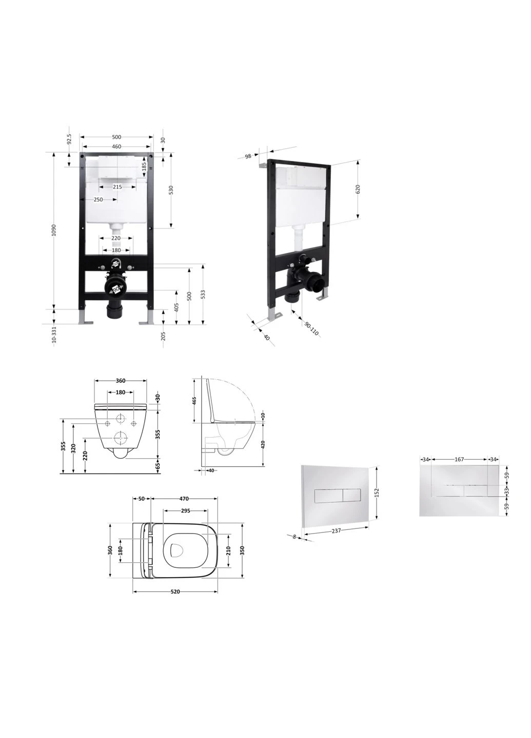 Готовое решение для ванной комнаты: подвесной унитаз Crow Rimless 520x360x290 + комплект инсталляции Standard (линейная кнопка Qtap QT05335170W51624 (400531055)