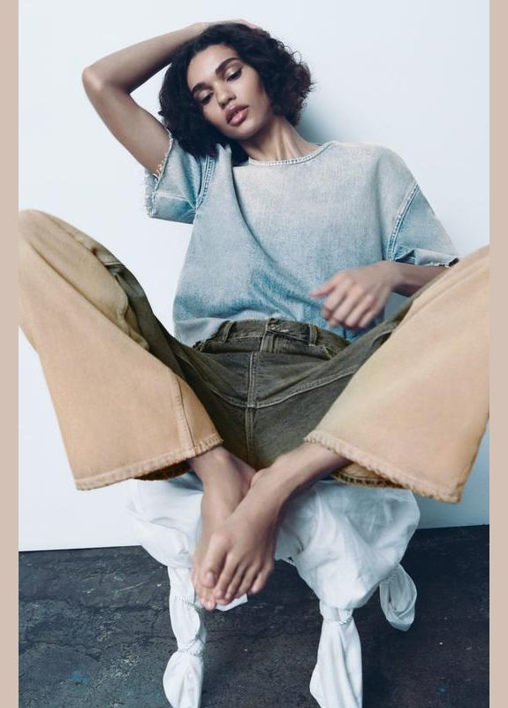 Джинсовая футболка оверсайз деним Zara - (322640410)