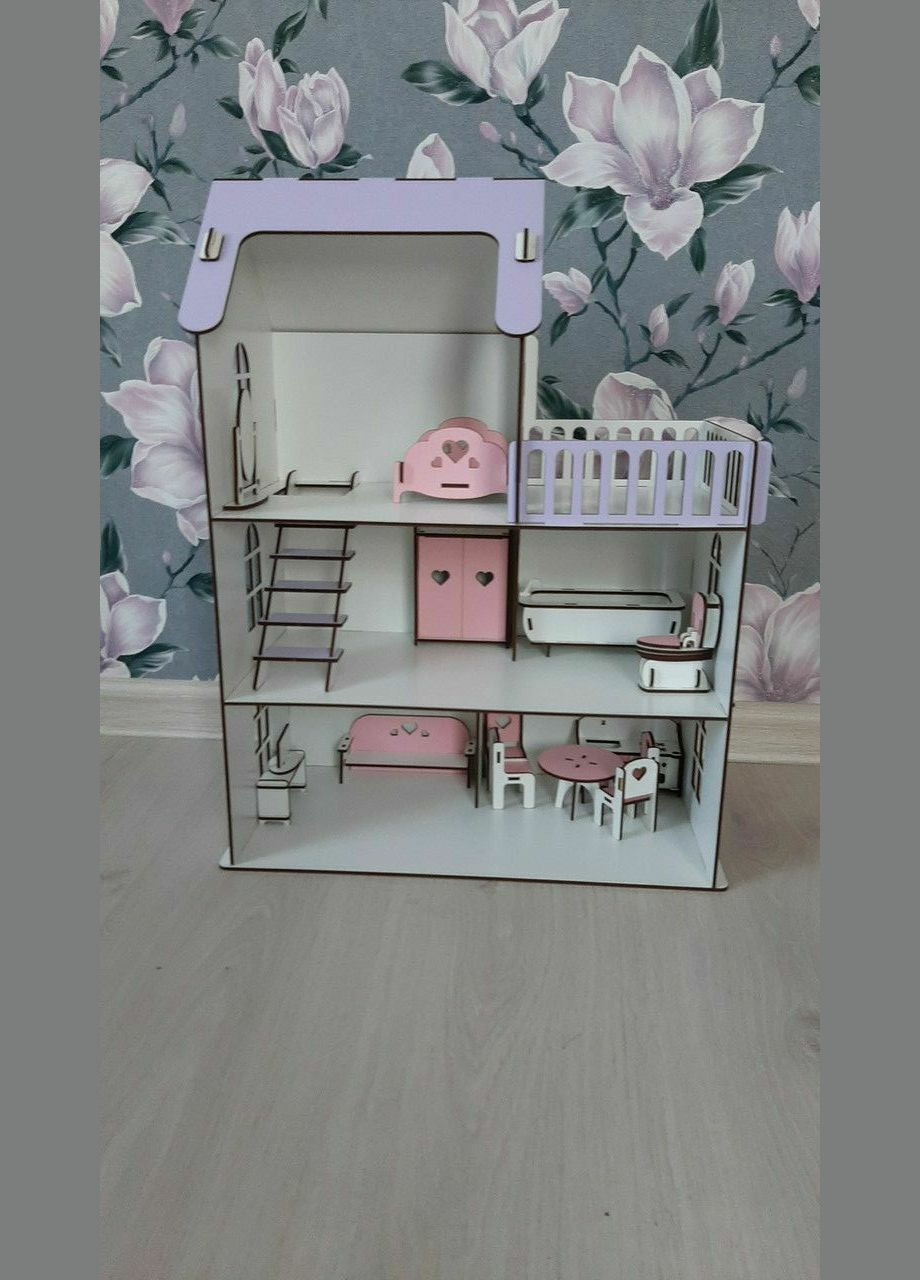 Деревянный детский кукольный самосборный домик для кукол, 5 комнат, с мебелью, с террасой и лестницей, с хдф No Brand (305220301)