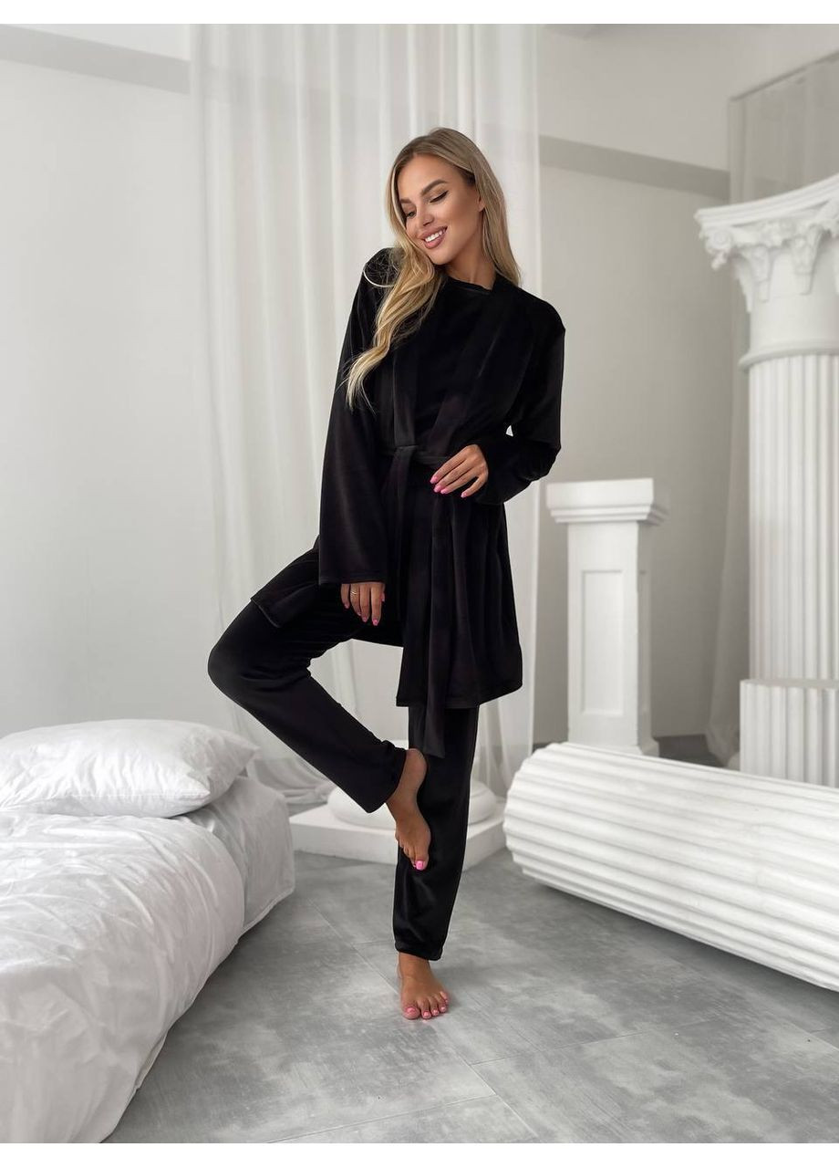 Чорний демісезонний комплект жіночий домашня піжама трійка трикотаж велюр:халат,штани та майка Україна