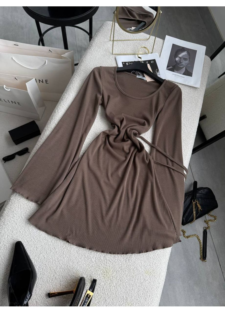 Коричневое повседневный, вечернее, кэжуал, деловое женское платье клеш No Brand однотонное