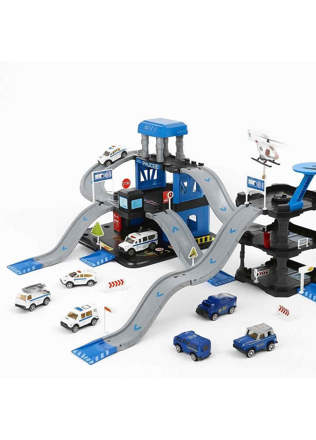 Игрушечный трек с машинками для детей, 6 машинок, вертолет, 3 уровня No Brand (362574425)