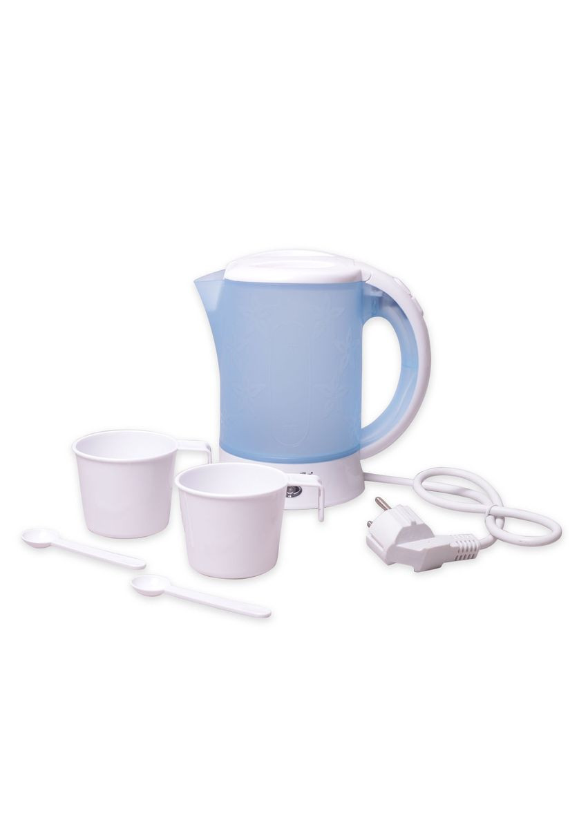 Чайник 0.6 л електричний пластиковий,білийблакитний c чашками і ложками KM-1718B Kamille (273215394)