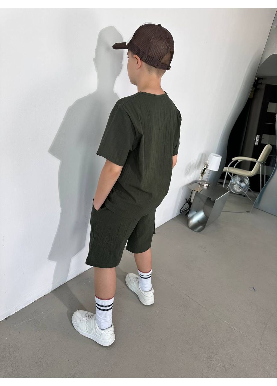 Оливковий (хакі) літній літні комплекти з натурального льону для хлопчика No Brand