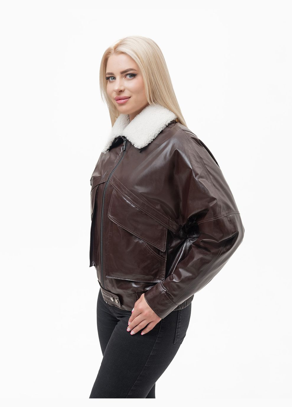 Коричнева демісезонна жіноча шкіряна куртка весна Fabio Monti