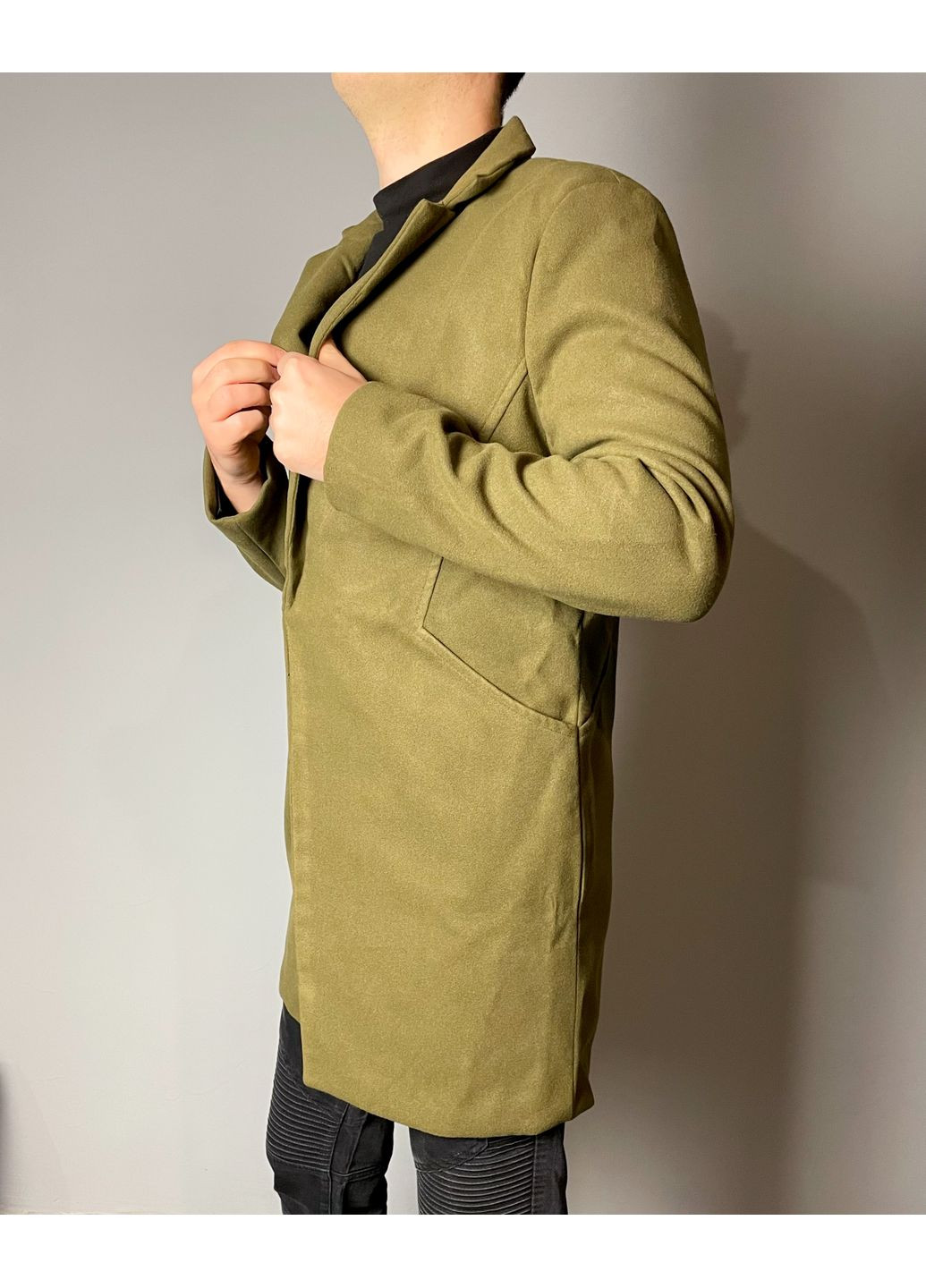 Оливкове (хакі) Мужское классическое пальто на одну пуговицу HM10032 No Brand