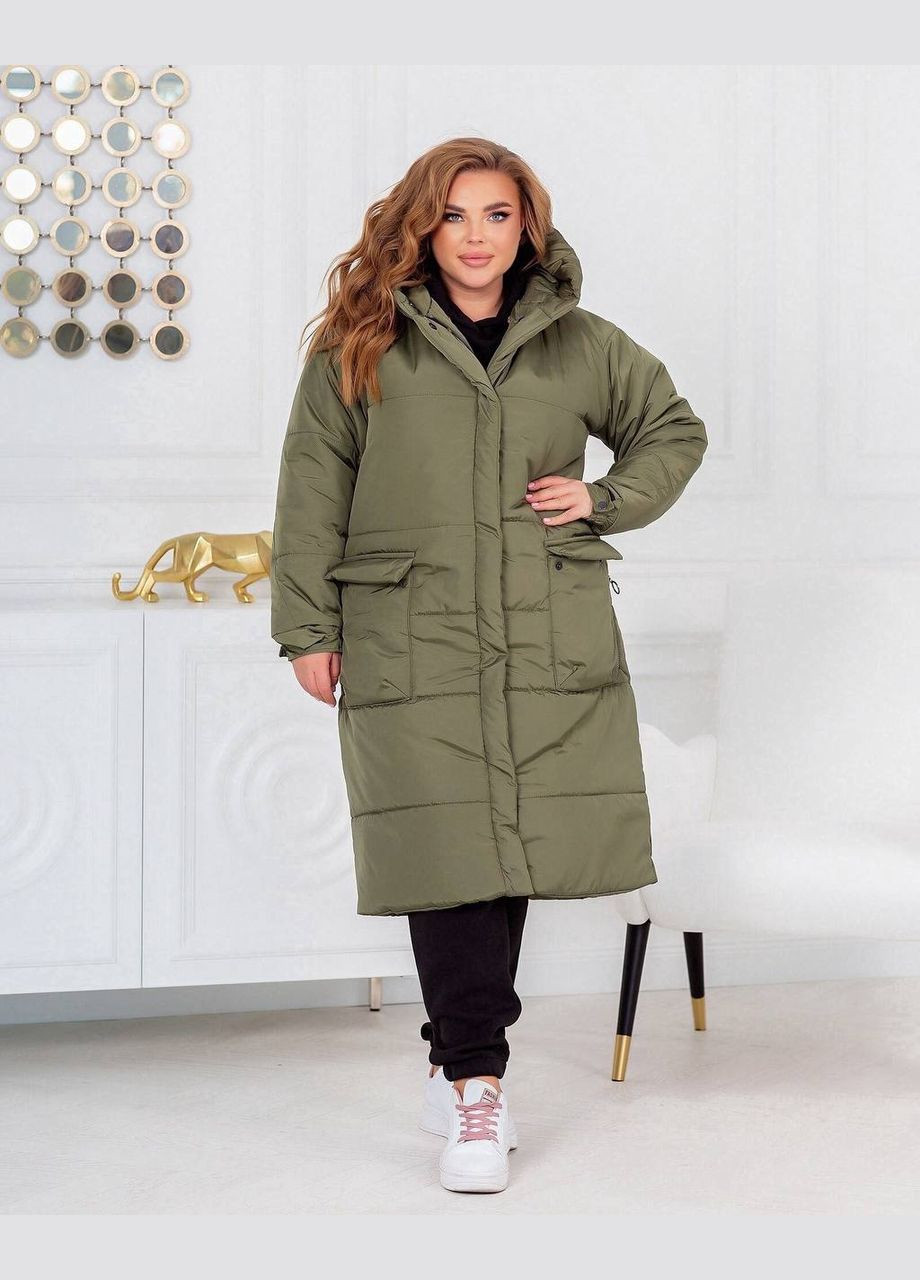 Оливковая (хаки) женская теплая куртка-пальто с капюшоном цвет хаки р.50/52 448987 New Trend