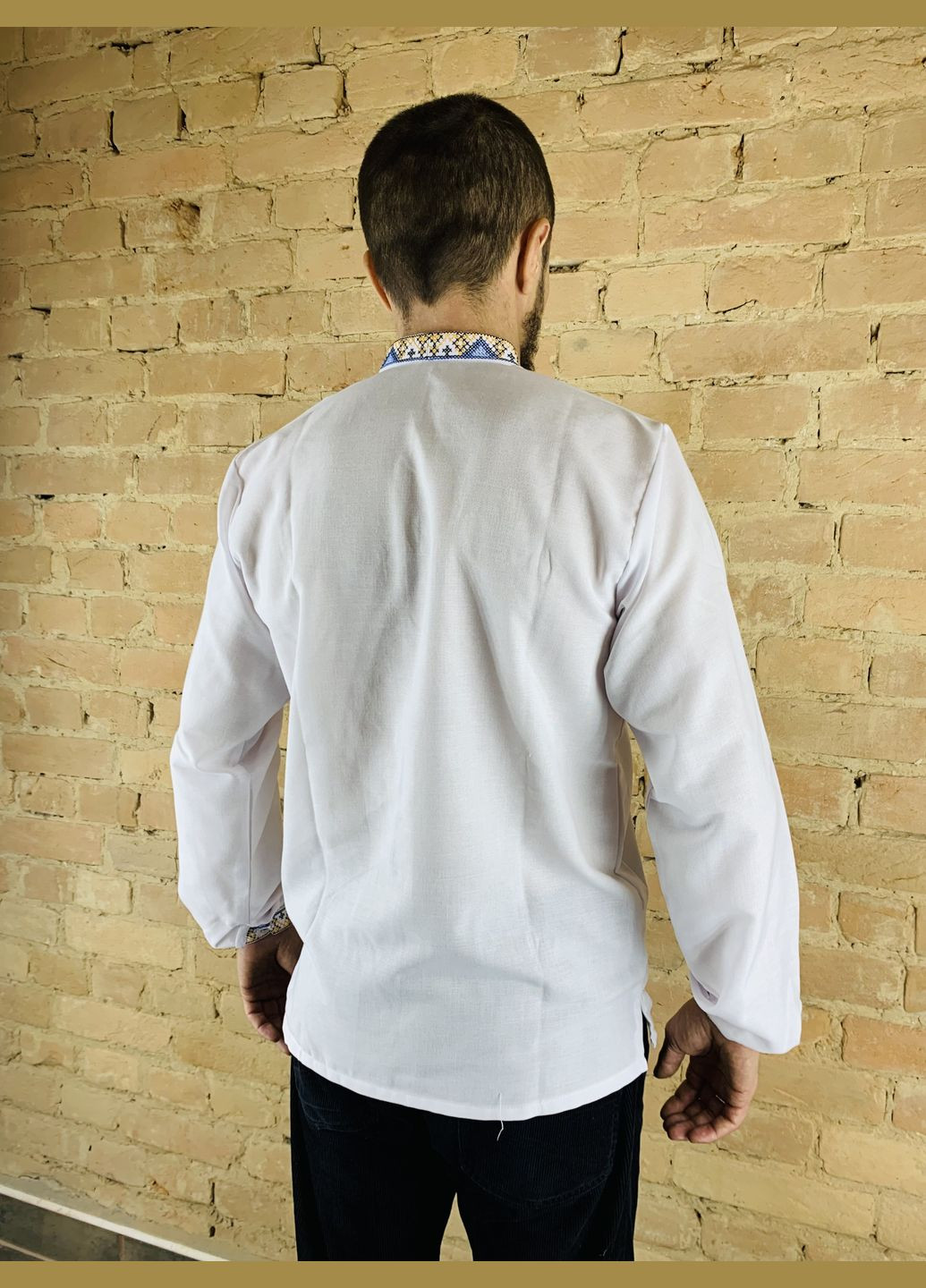 Бежевая льняная мужская вышиванка дерево жизни НоКо свободная, прямой лен (303724281)