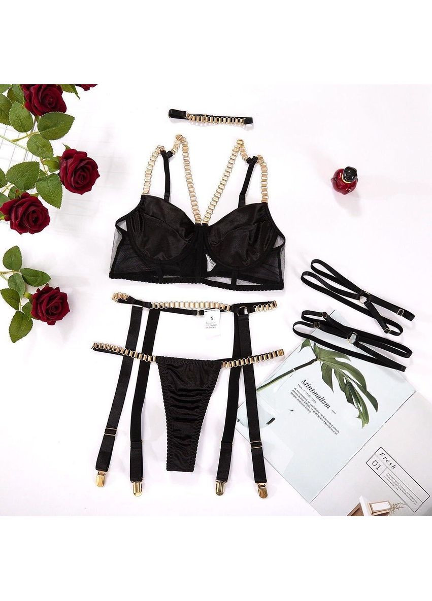 Черный демисезонный соблазнительный комплект нижнего белья sweet berry комплект: бюстгальтер, трусики, пояс с подтяжками No Brand