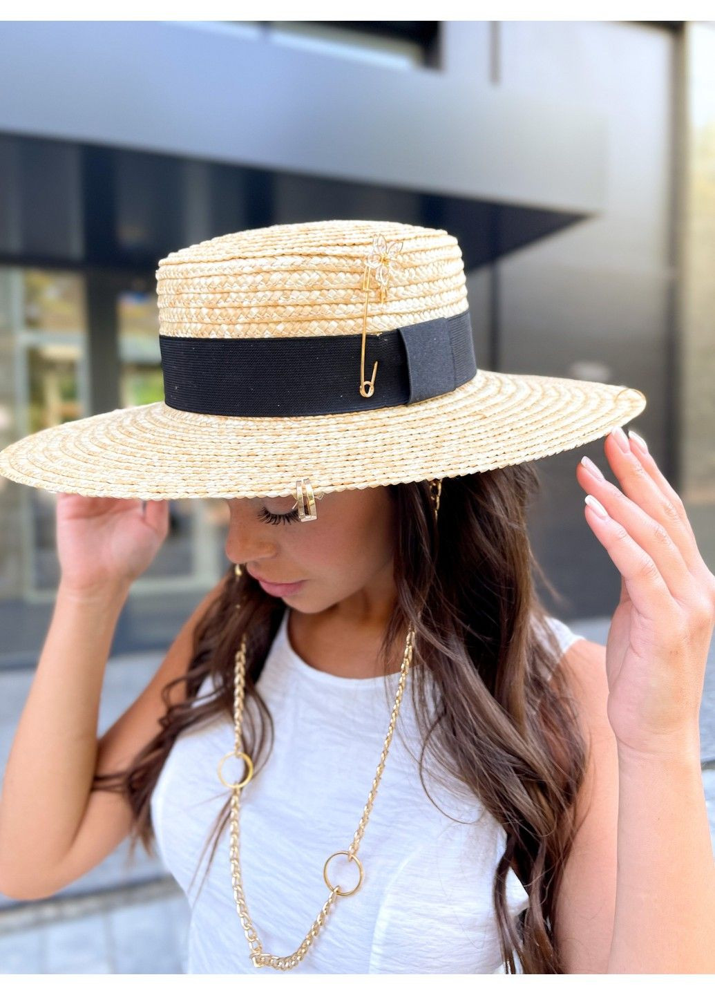 Шляпа женская летняя канотье MODJO с широкими полями 10см, декором и цепочкой No Brand (293061445)