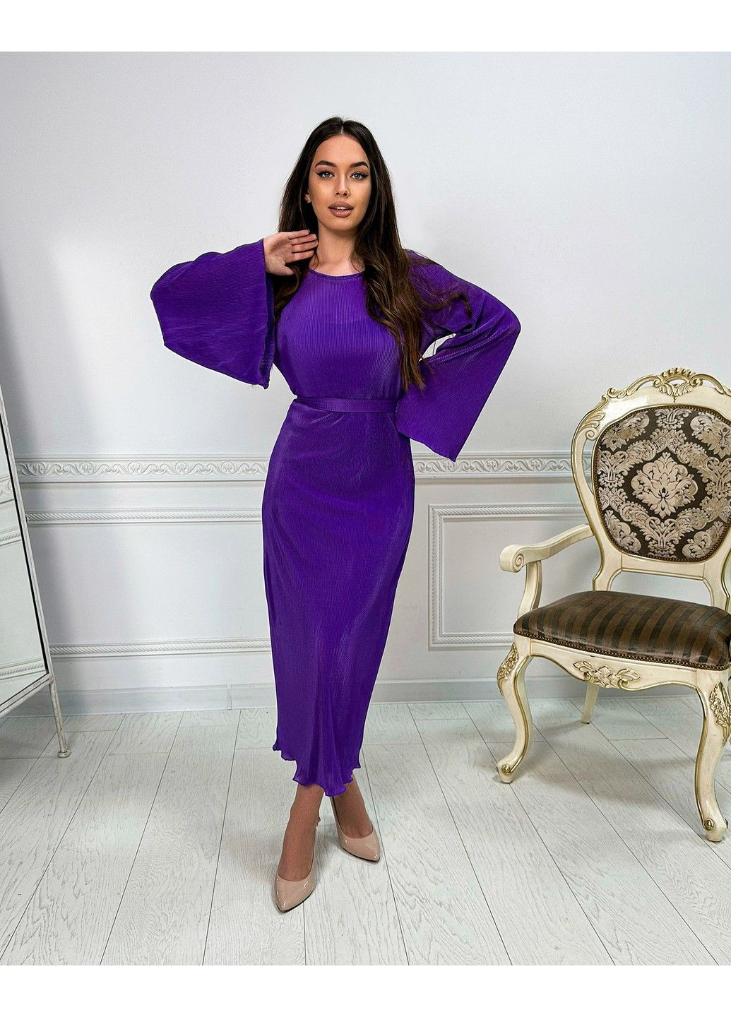 Лавандовое коктейльное платье гофре миди 23060 сиреневое Tanita-Romario