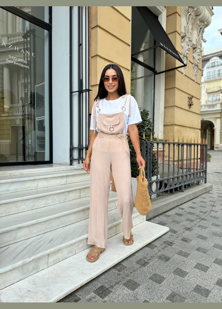 Универсальный бежевый летний комбинезон в одном размере из качественного льна, базовый комбез который хорошо тянется No Brand 109 однотонный бежевый