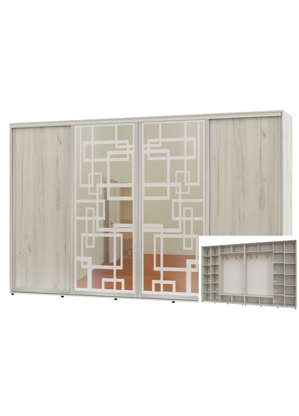 Шафа-купе чотиридверна 370*60*240 Дуб крафт білий 2 ДСП/2 Дзеркала з піскострумним малюнком Алекса (360477803)