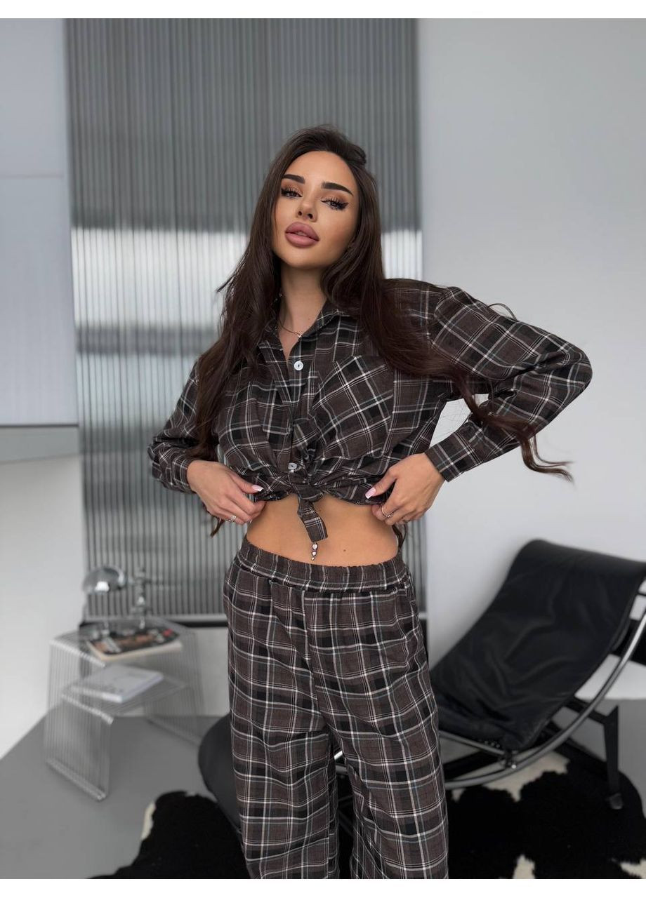 Коричнева жіноча фланелева піжама в клітинку сорочка + брюки No Brand С832/833-806/5