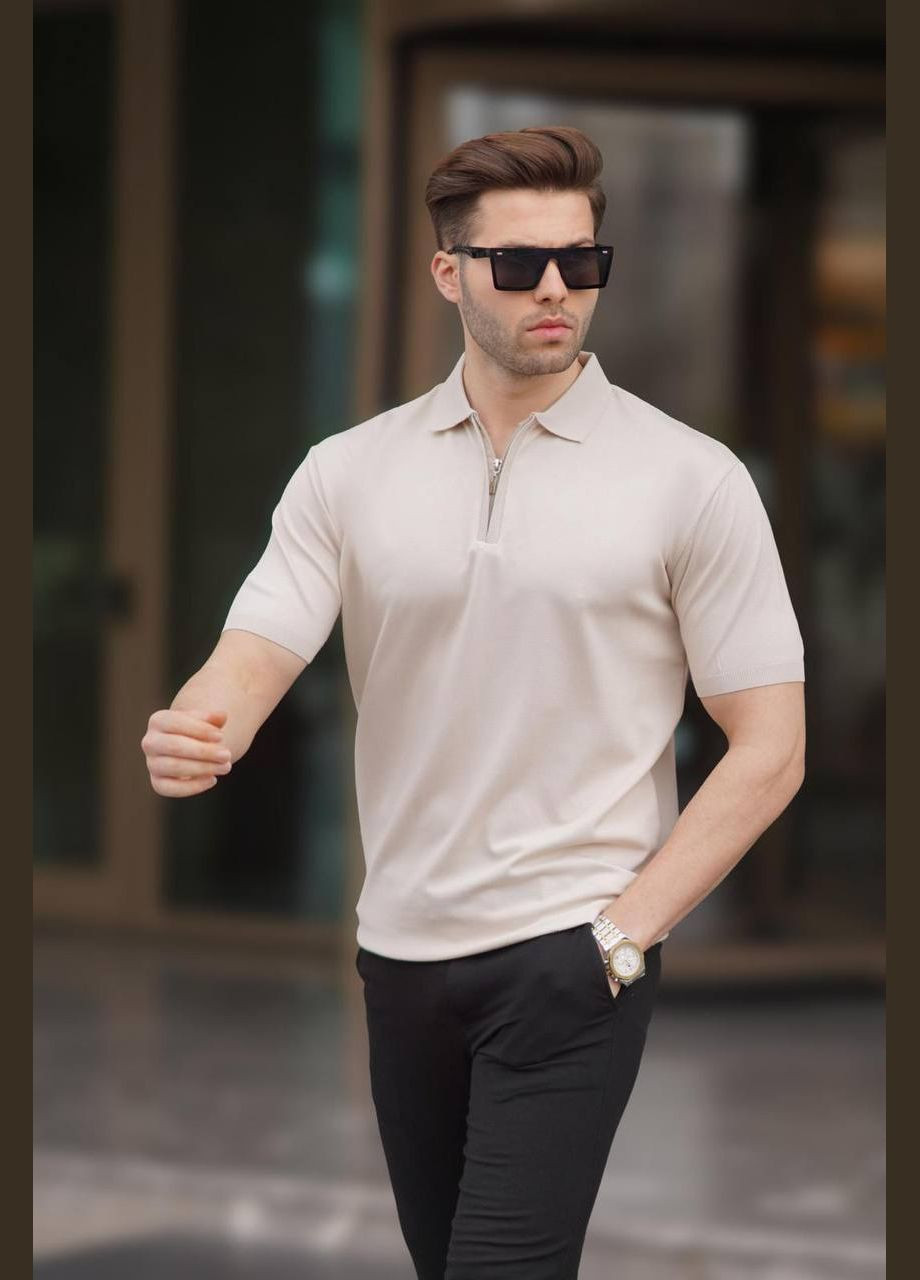 Бежева шикарна однотонна турецька футболка поло з котону (100%), бежева футболка на кожен день No Brand 6889-1