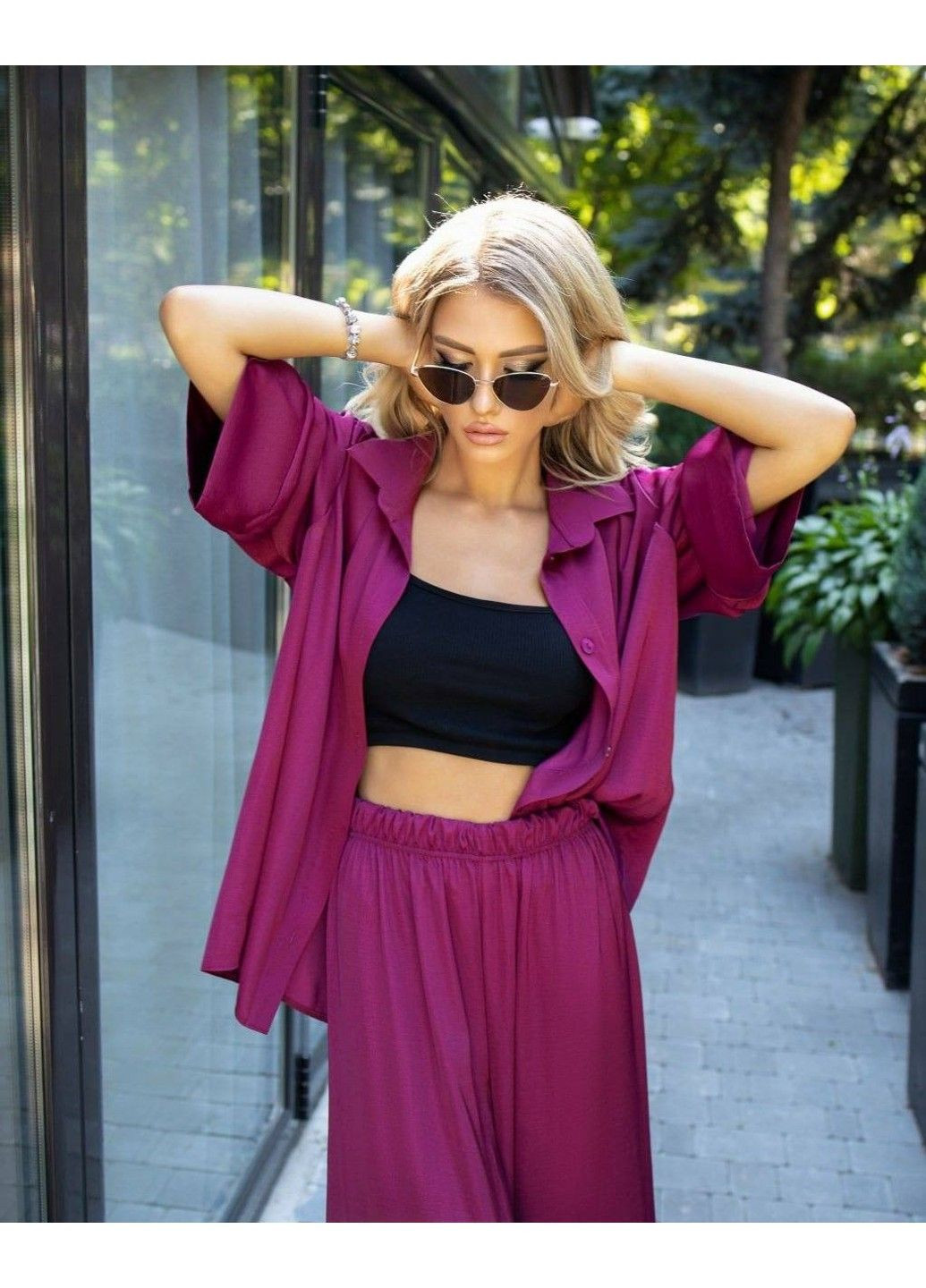 Вільний костюм з жатого шовку, мод КТС-2274-2275, бордовий, розмір 58-60 No Brand (355469522)