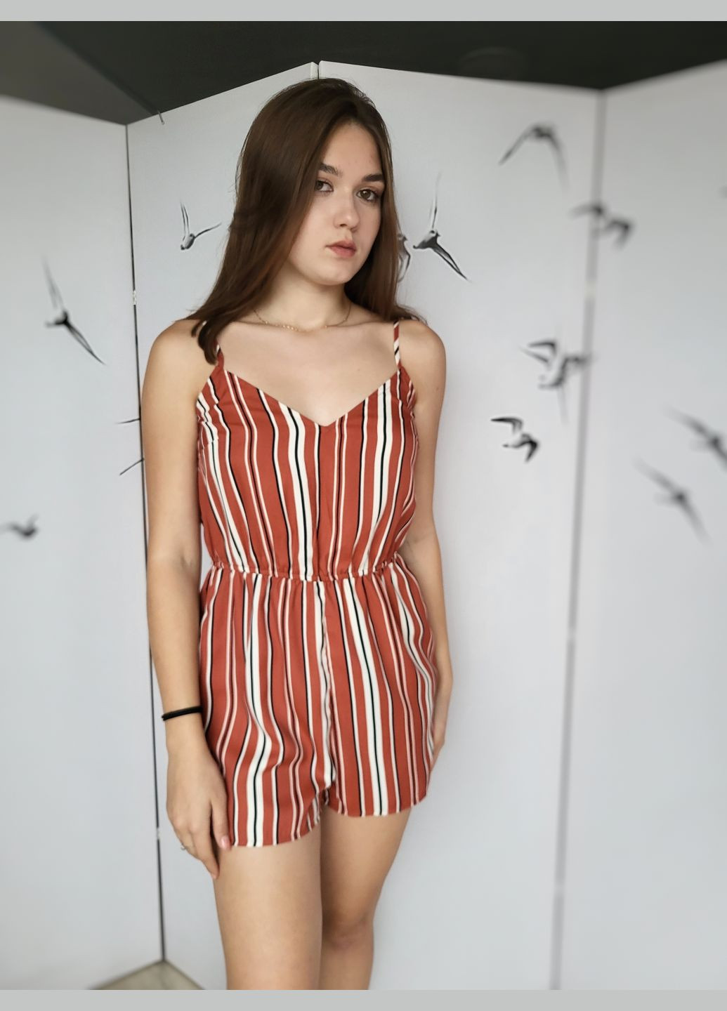 Комбинезон женский на бретельках в тонкую полоску Без бренду Коричневый с белым 13882 S (42) No Brand полоска комбинированный повседневный вискоза
